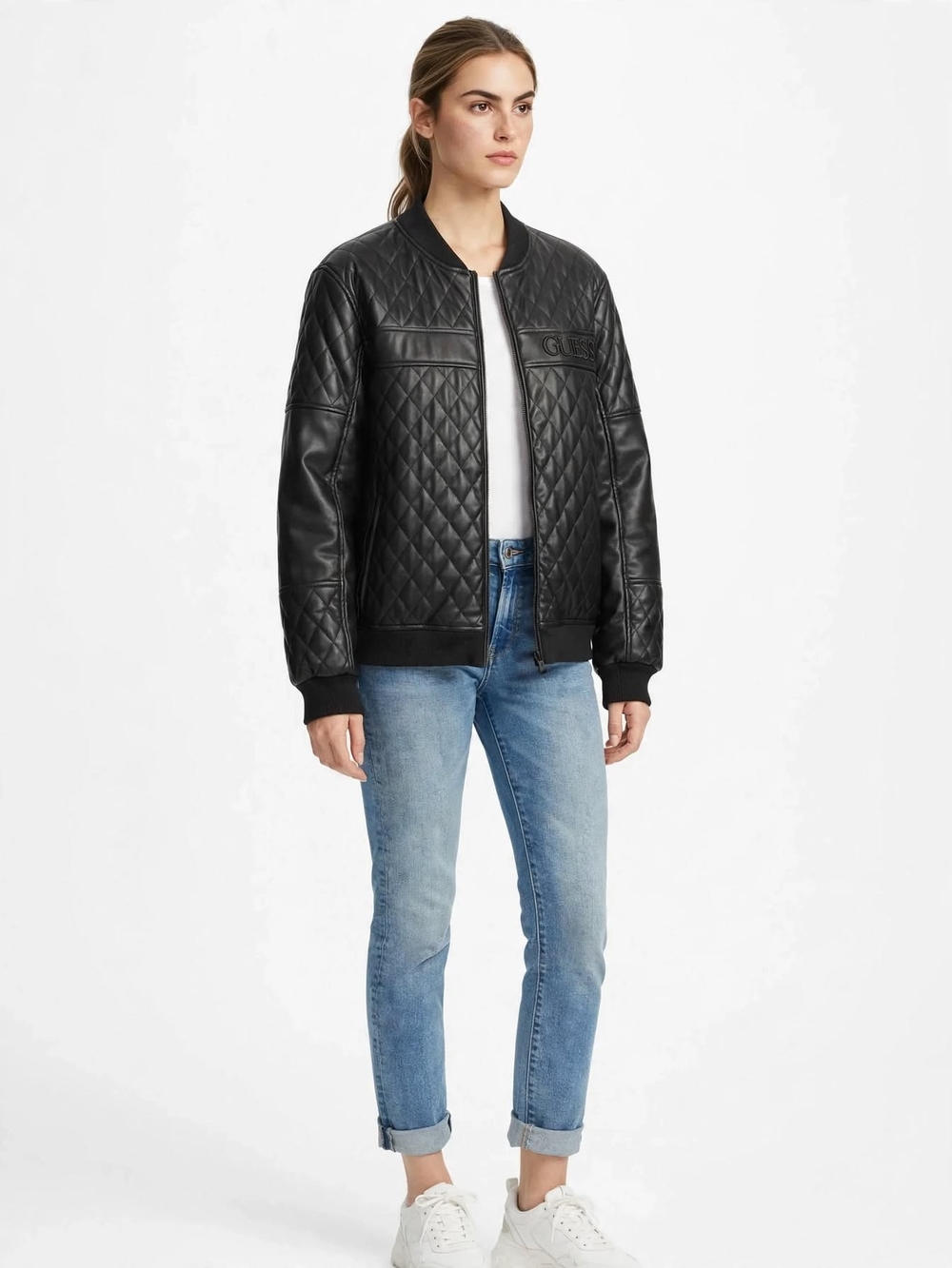 Guess Los Angeles Quilted Black Bomber Jacket - Women